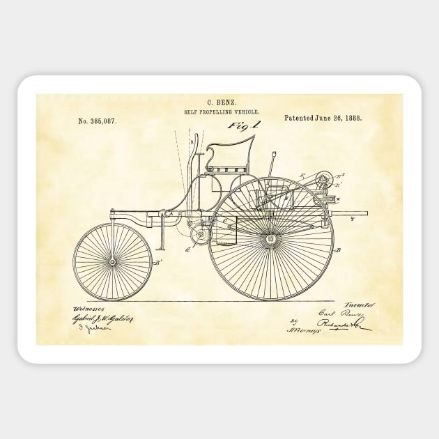 Benz 1888 self propelling vehicle, original patent drawing parchment background Sticker by QualitySolution